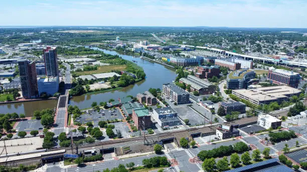 Aerial view of river front downtown near Wilmington, DE