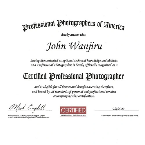 Certified Professional Photographer (CPP) certificate awarded to John Wanjiru by Professional Photographers of America